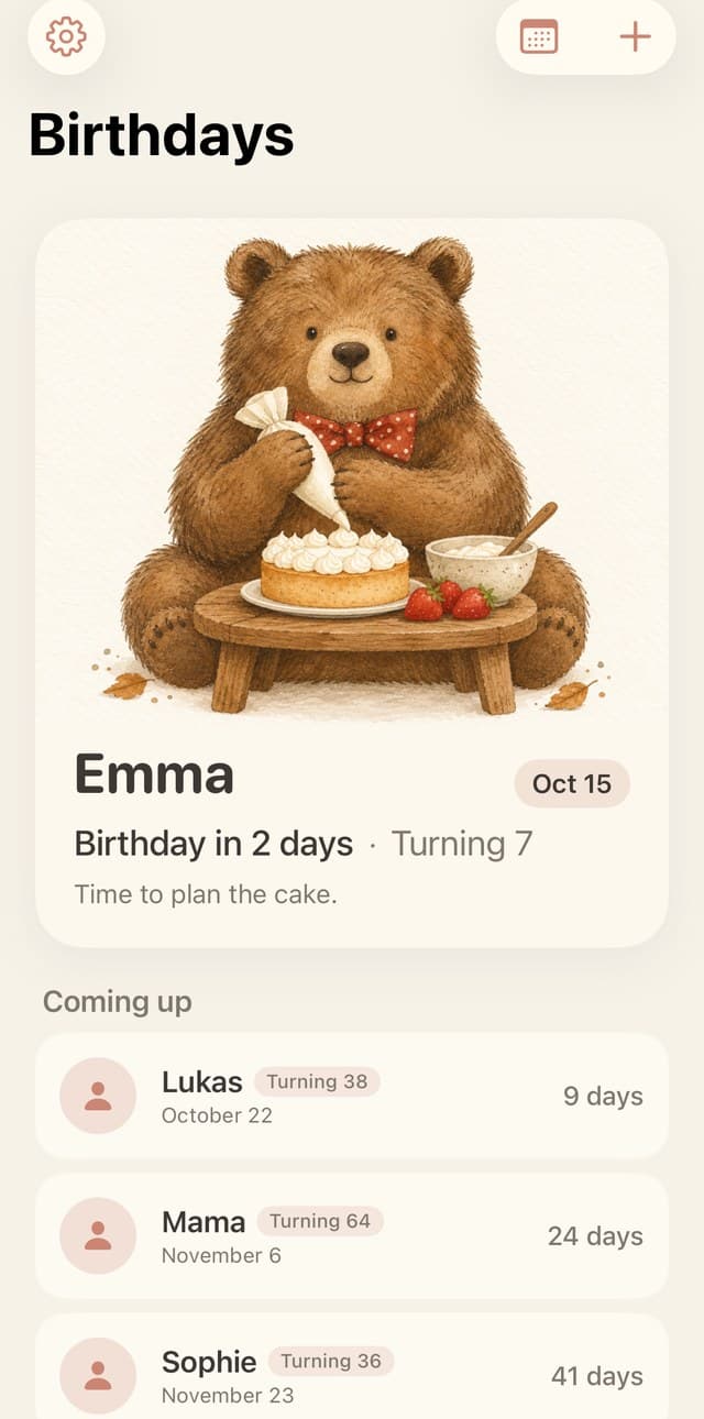 Berrily on iPhone showing the next birthday